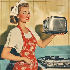 Housewife from the 1940s holding a retro or vintage toaster.