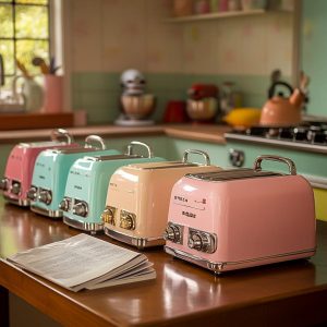 A row of Retro Toasters that are vintage.