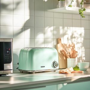 A pastel mint retro toaster on a counter top