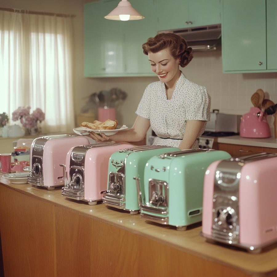 A 1950s housewife with a bunch of toasters - big smile.
